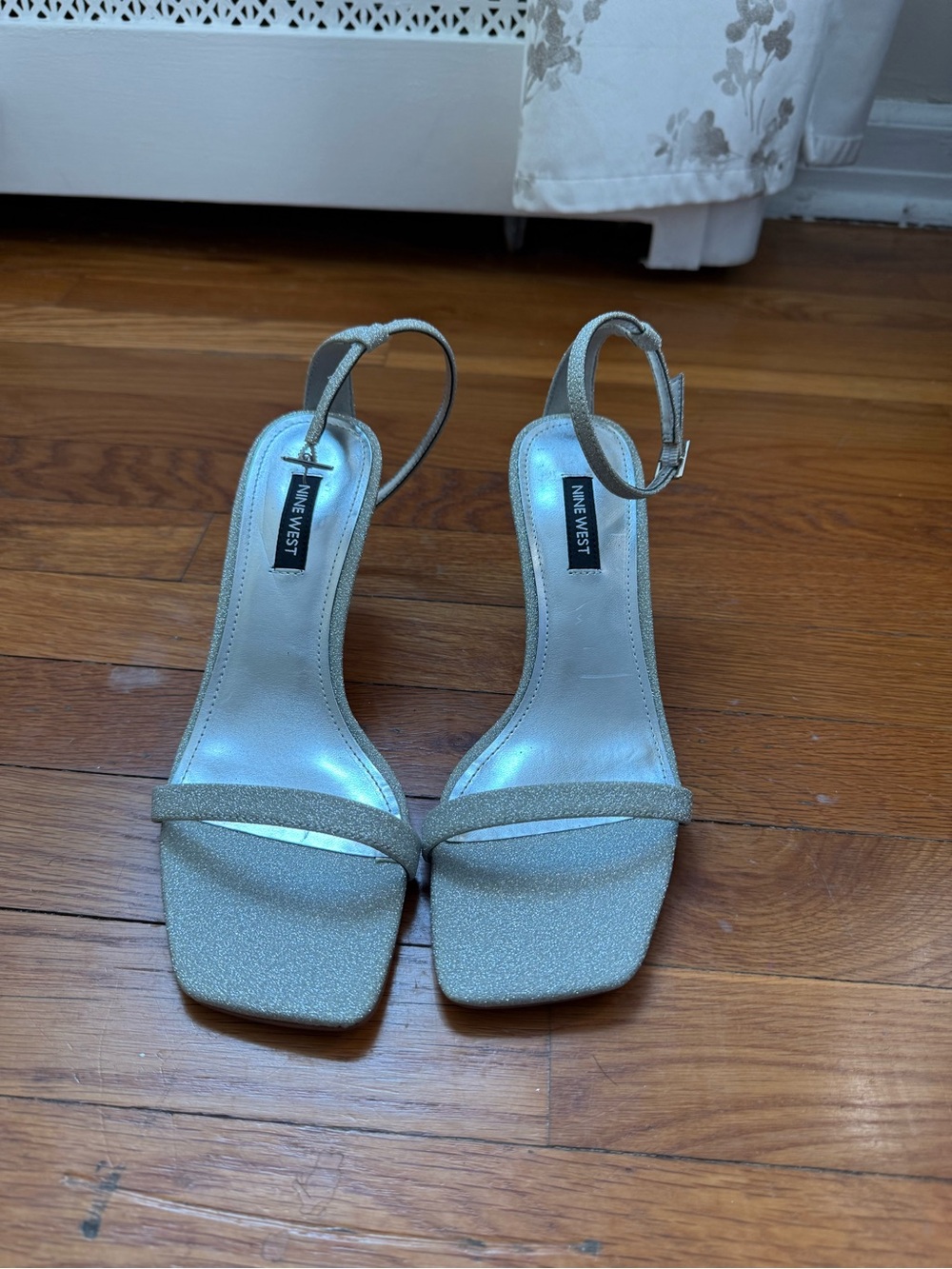 Nine West Silver Glitter Ankle-Strap Heels